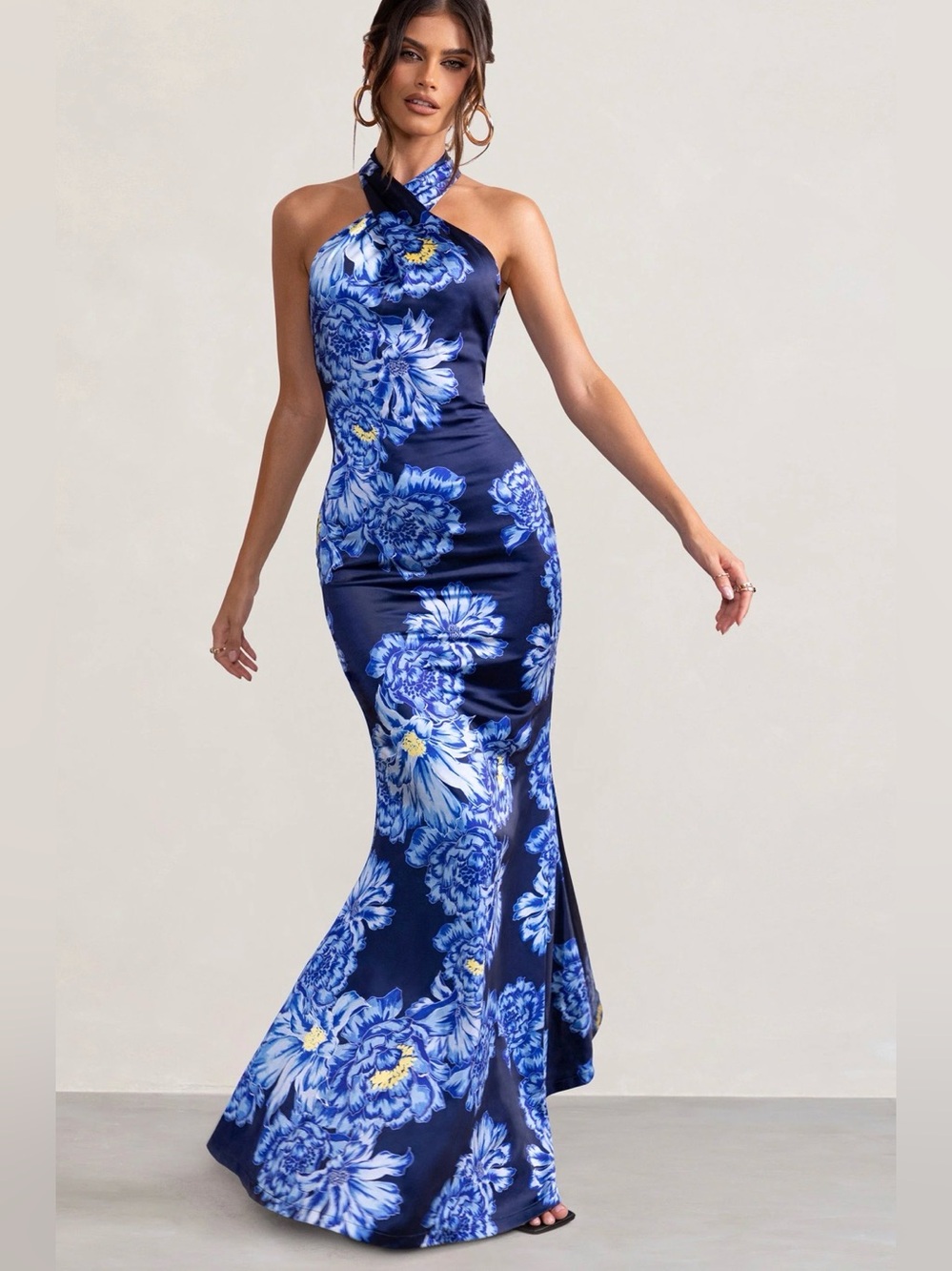 Unstoppable Blue Floral Print Satin Cross Over Halter Neck Maxi Dress
